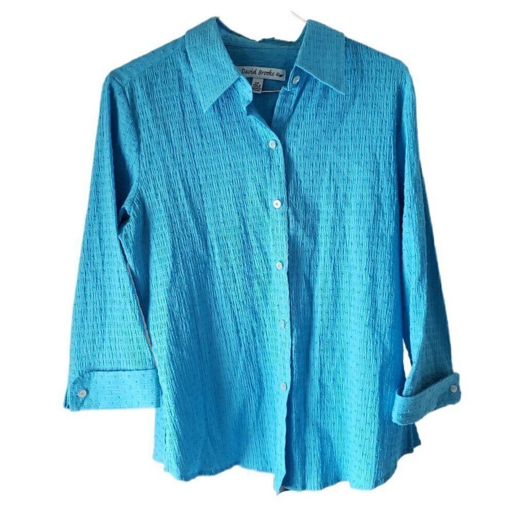 David Brooks Textured Blue Button Down Blouse